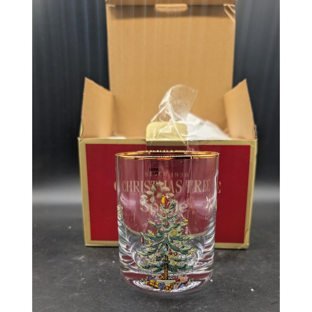 Spode Christmas Tree Double Old Fashioned Glasses 14oz Gold Rim Set of 4 in Box